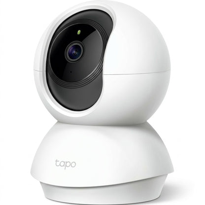 A high-resolution ecommerce hero shot of the white TP-Link Tapo C200 Pan/Tilt Home Security Wi-Fi Camera. The camera is centered against a pure white background, showcasing its distinct spherical and conical design with the 'tapo' logo visible on the base, all captured with clean, professional lighting and a realistic soft shadow for scale.
