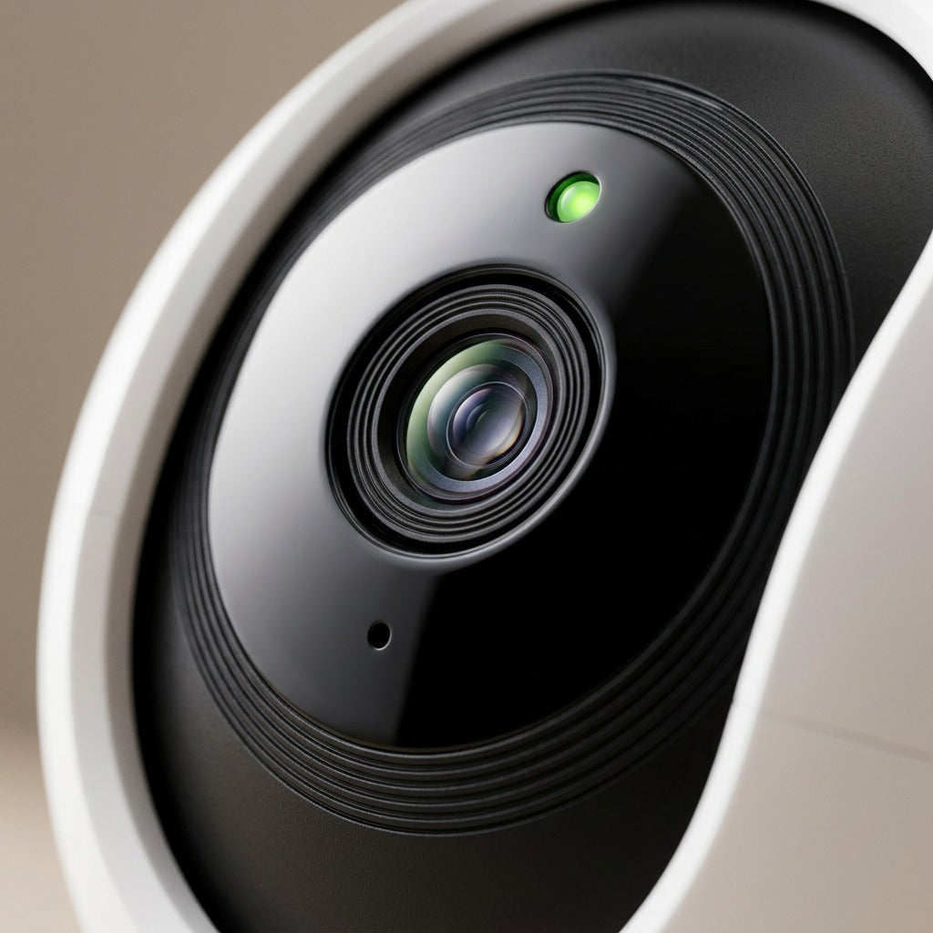 Macro inspection of the TPC-Link TP-Link Tapo C200 lens, status LED, and microphone detail.