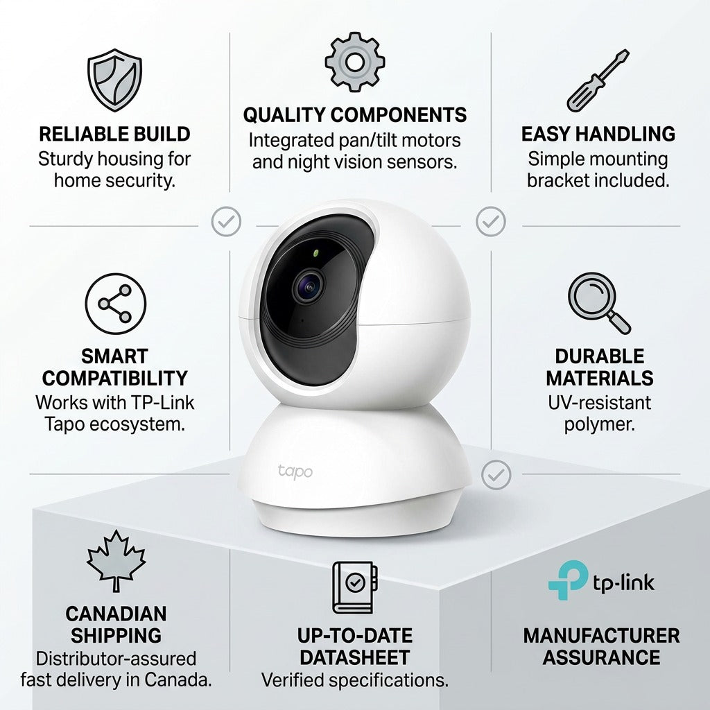 An infographic for the Tapo C200 camera highlighting features like pan/tilt, build quality, and fast shipping with icons.