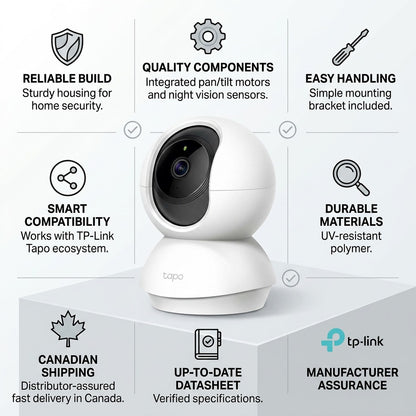 An infographic for the Tapo C200 camera highlighting features like pan/tilt, build quality, and fast shipping with icons.