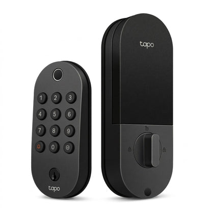 A pure, high-resolution hero shot of the dark charcoal TP-Link Smart Wi-Fi Door Lock, with fingerprint, keypad, and interior lever.