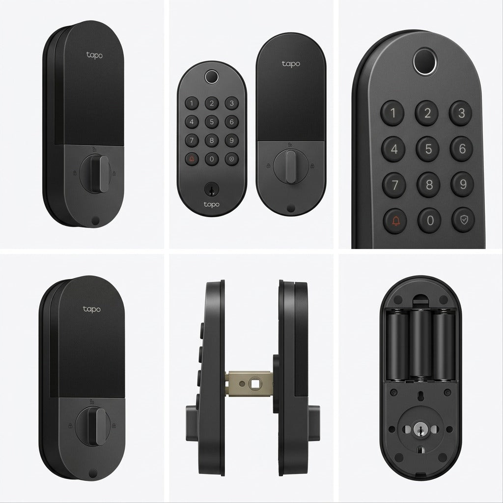 TP-Link Tapo-DL105 smart lock shown in five angles: front, keypad-only, turnpiece-only, side, and rear on a neutral grid.