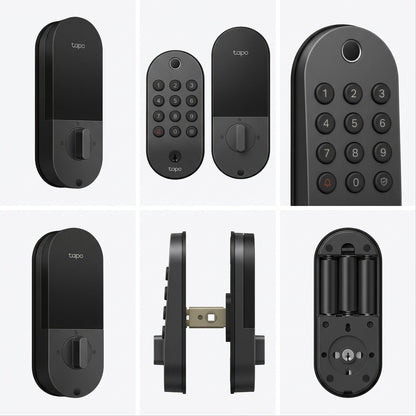 TP-Link Tapo-DL105 smart lock shown in five angles: front, keypad-only, turnpiece-only, side, and rear on a neutral grid.