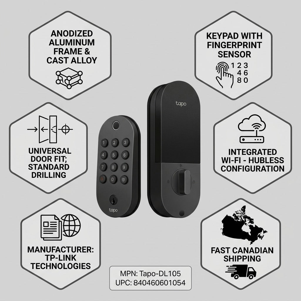 Infographic of Tapo DL105 smart lock details, featuring its alloy construction, fingerprint sensor, unified Wi-Fi, easy installation, TP-Link information, and fast Canadian shipping.