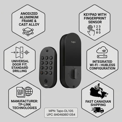 Infographic of Tapo DL105 smart lock details, featuring its alloy construction, fingerprint sensor, unified Wi-Fi, easy installation, TP-Link information, and fast Canadian shipping.