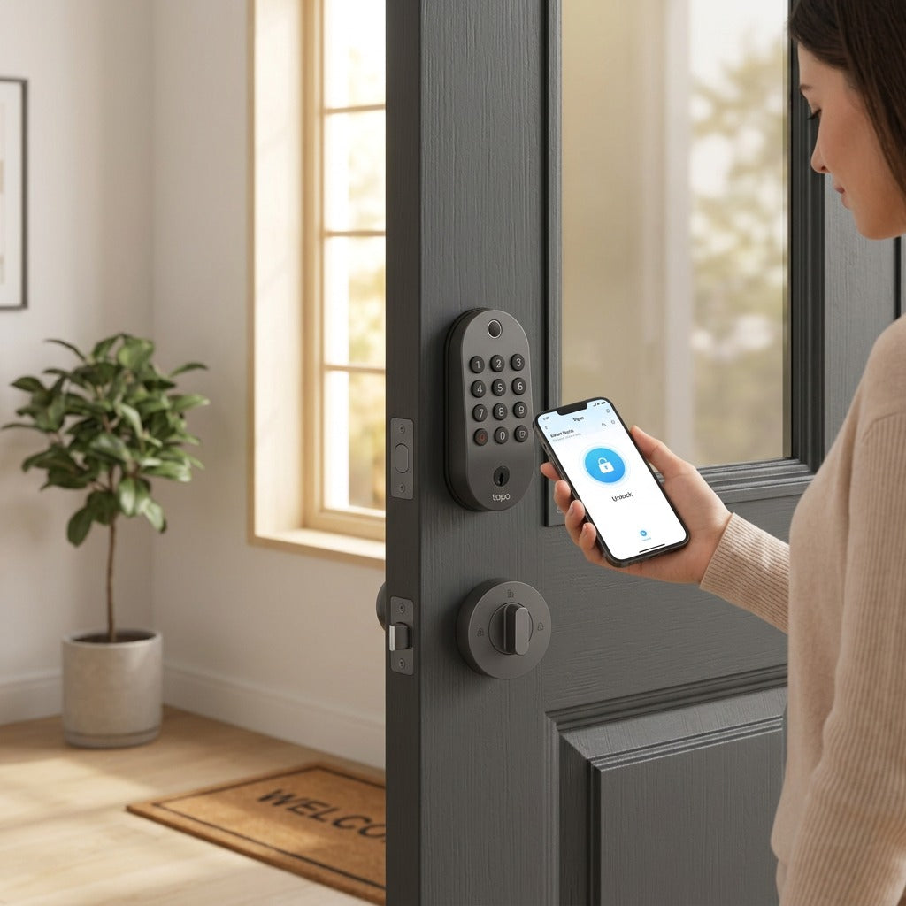 TP-Link Tapo smart door lock installed on dark grey front door with hand unlocking via phone app.