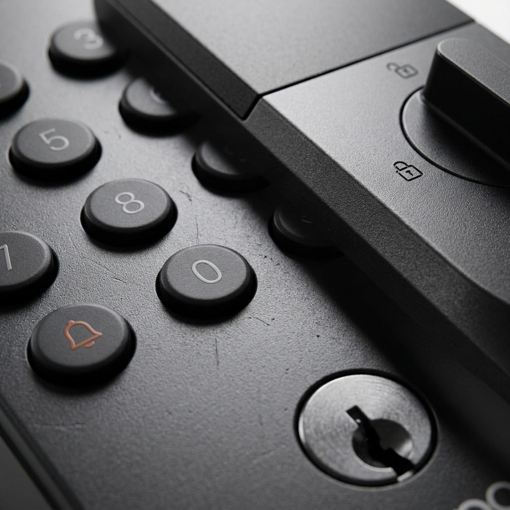 Extreme macro view showcasing the tactile backlit buttons, fingerprint sensor, and durable matte finish of the Tapo Smart Wi-Fi Door Lock and interior unit.