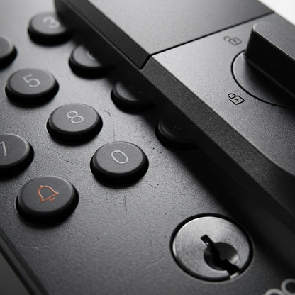 Extreme macro view showcasing the tactile backlit buttons, fingerprint sensor, and durable matte finish of the Tapo Smart Wi-Fi Door Lock and interior unit.