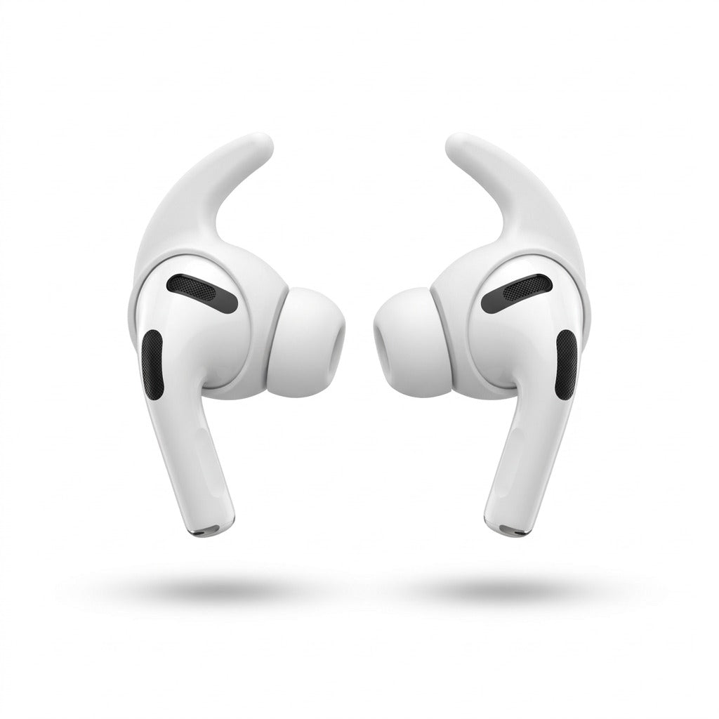 KeyBudz EarBuddyz AirPods Pro 3rd Gen White ear tips with integrated wingtips on white background.