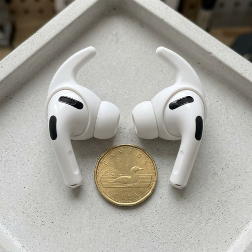 A photo of white KeyBudz ear covers for AirPods Pro 3rd Gen next to a Canadian loonie for scale.