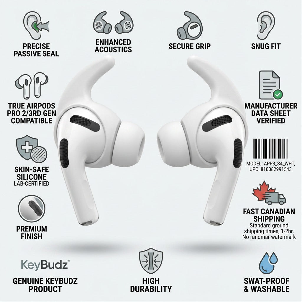 KeyBudz EarBuddyz for AirPods Pro trust and authority infographic; verified facts and icons surrounding the white silicone tips.