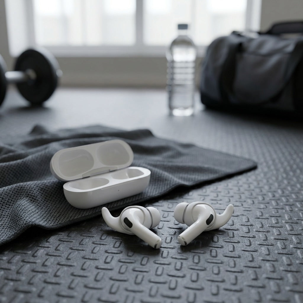 A realistic lifestyle photo of KeyBudz EarBuddyz on AirPods Pro in a home gym setting.