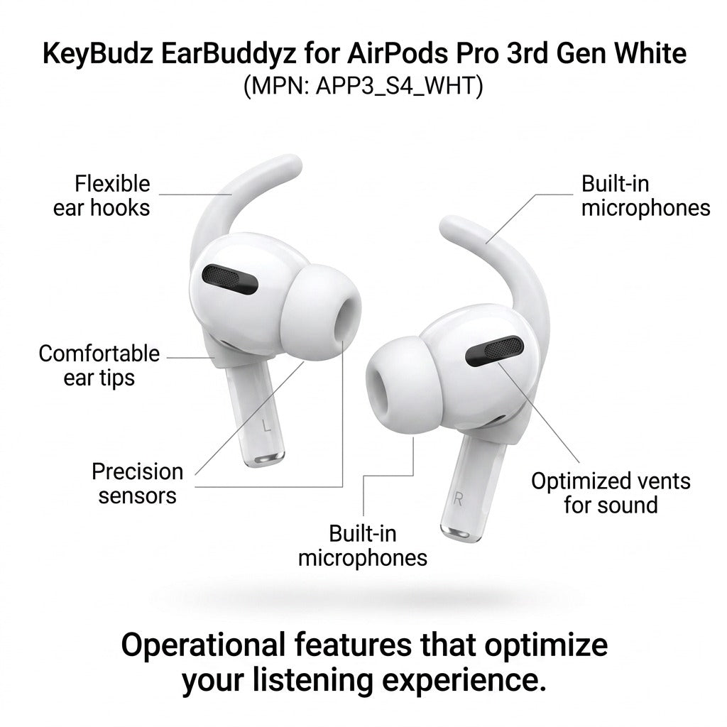 A focused product display of white secure-fit hooks on wireless black and white earbuds, featuring essential technical callouts against a clean white background.