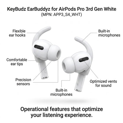 A focused product display of white secure-fit hooks on wireless black and white earbuds, featuring essential technical callouts against a clean white background.