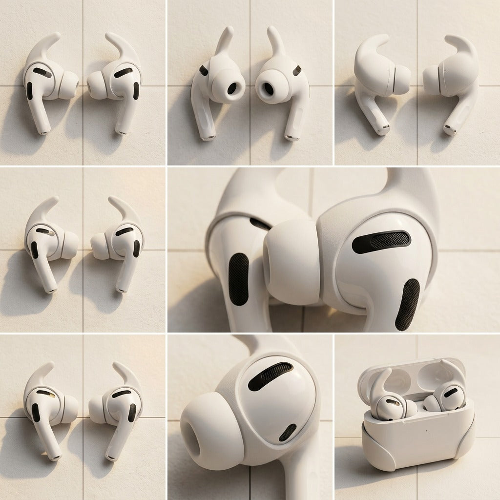 Multi-angle grid matrix: white hooked covers on AirPods Pro, detailed views, case comparison.