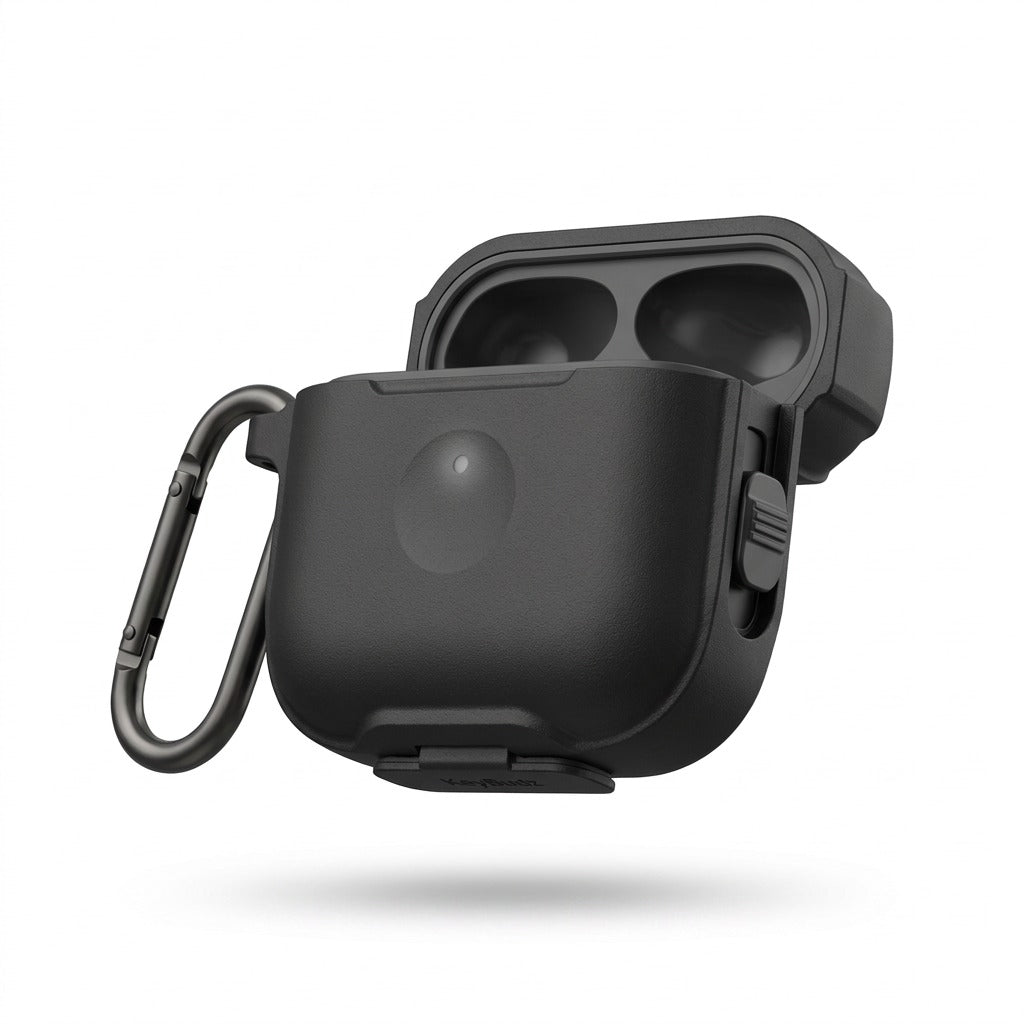 Pure high-resolution hero shot: KeyBudz ElementProof AirPods 4 case in Carbon Black, open.