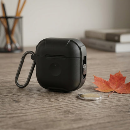 Close-up photo: AirPods 4 case alongside a Canadian maple leaf and loonie coin for size scale reference.