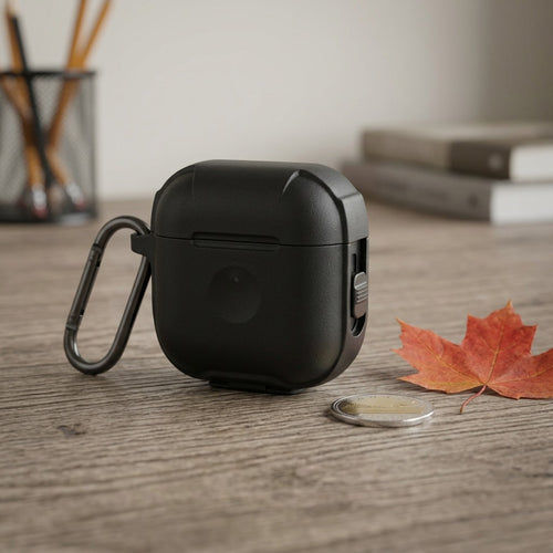 Close-up photo: AirPods 4 case alongside a Canadian maple leaf and loonie coin for size scale reference.