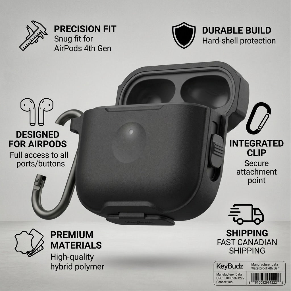 Infographic highlighting the durable features, fast Canadian shipping, and high-quality materials of the KeyBudz AirPods case.