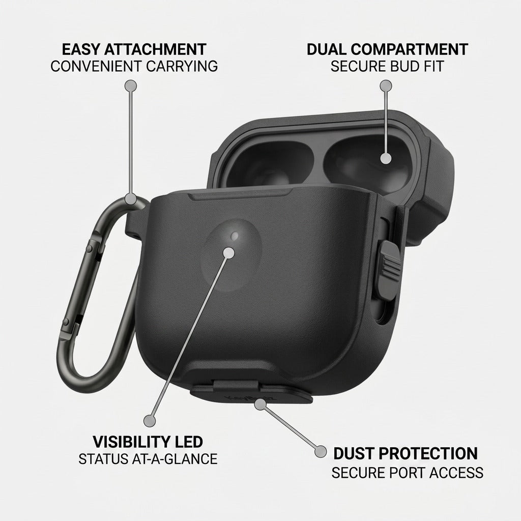 PDP image matrix, feature callouts on carbon black KeyBudz ElementProof case for AirPods 4th Gen.