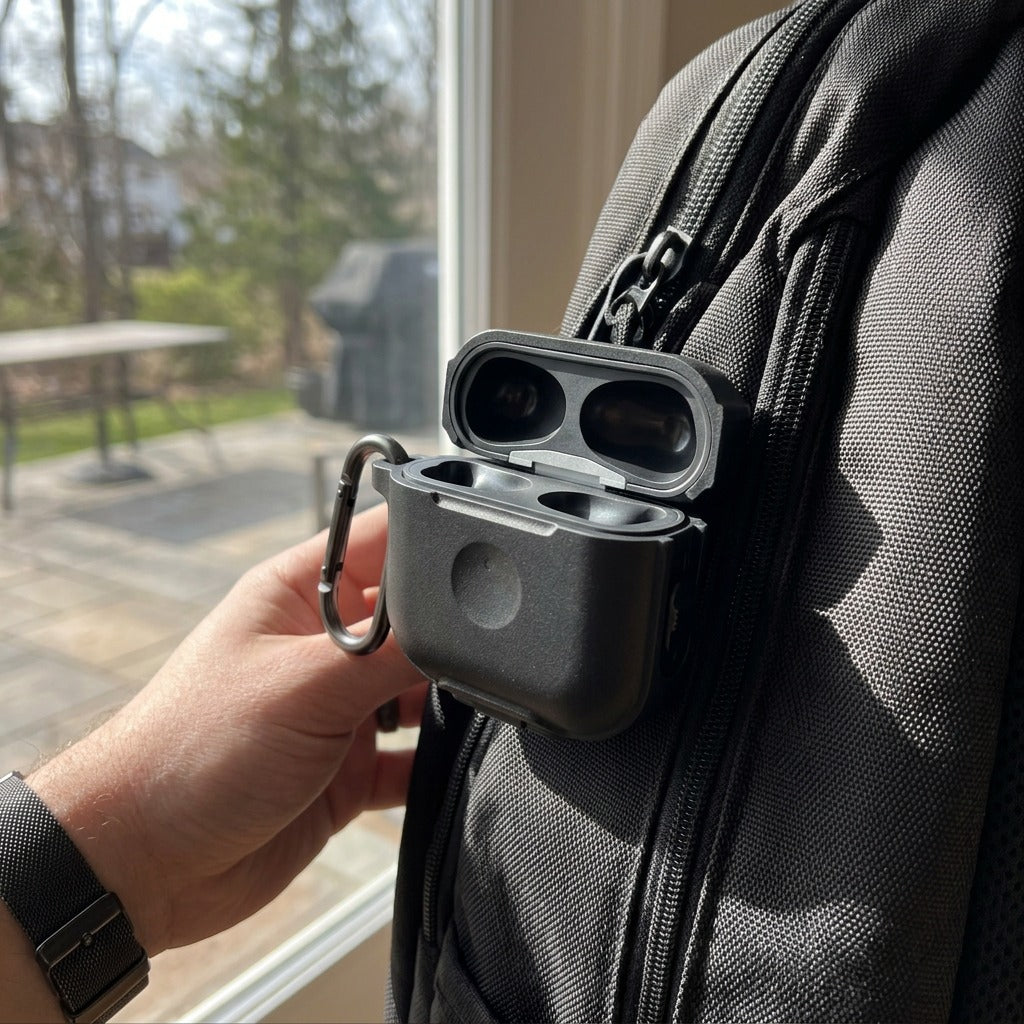 A KeyBudz ElementProof case for AirPods, in rugged carbon black silicone, clipped to a backpack zipper.