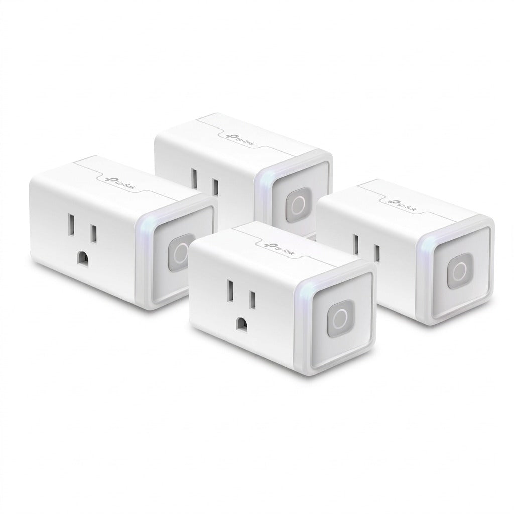 A high-resolution product shot of four TP-Link Kasa Smart Wi-Fi Plug Lite units, identical to image_0.png, arranged neatly on a seamless white background.