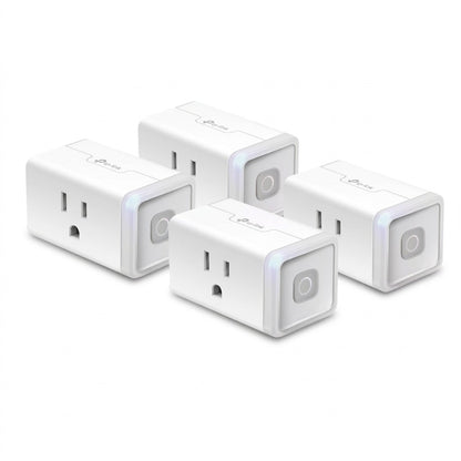 A high-resolution product shot of four TP-Link Kasa Smart Wi-Fi Plug Lite units, identical to image_0.png, arranged neatly on a seamless white background.