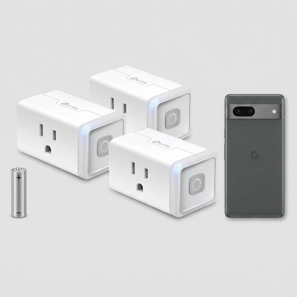 Scale reference photo: A 4-pack of HS103P4 Smart Plug Lites with a smartphone and AA battery.