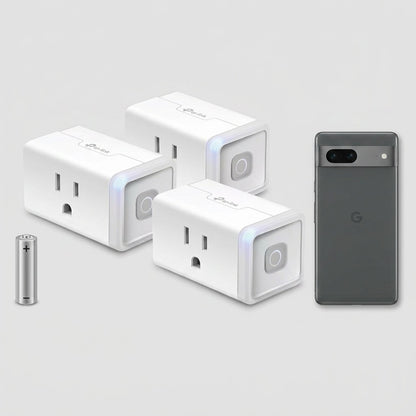 Scale reference photo: A 4-pack of HS103P4 Smart Plug Lites with a smartphone and AA battery.