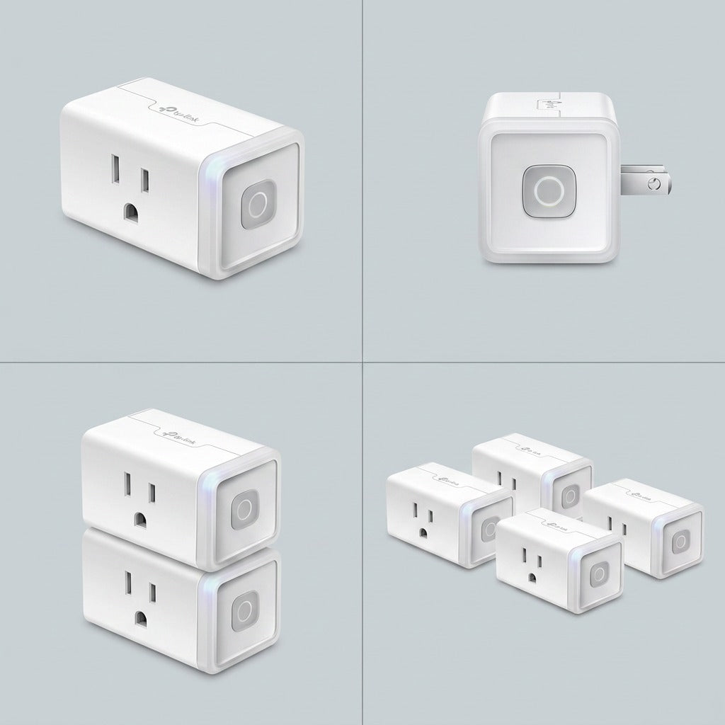 A 2x2 product image matrix displaying the TP-Link Kasa Smart Plug in varying configurations and angles.