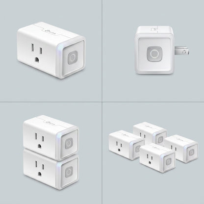 A 2x2 product image matrix displaying the TP-Link Kasa Smart Plug in varying configurations and angles.