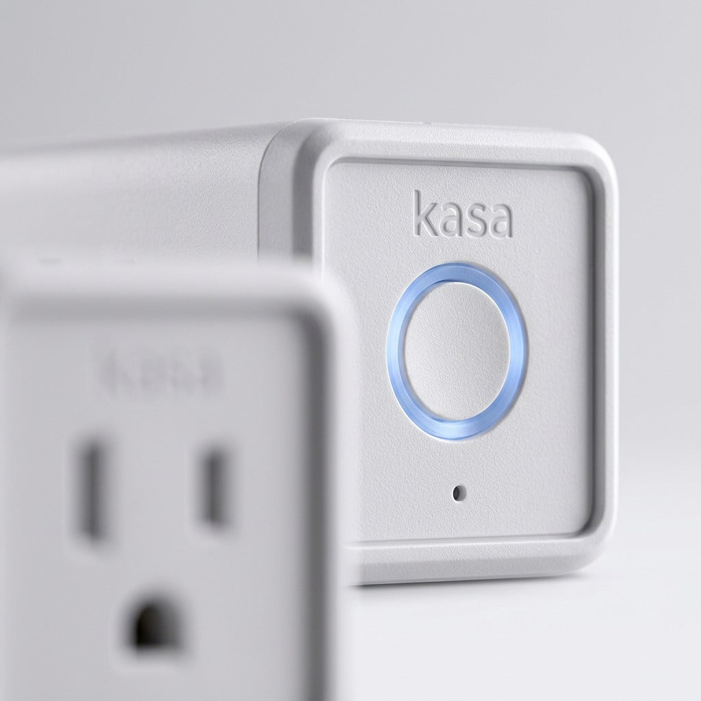 Macro texture and LED ring on two TP-Link Kasa Smart Wi-Fi Plugs Lite.
