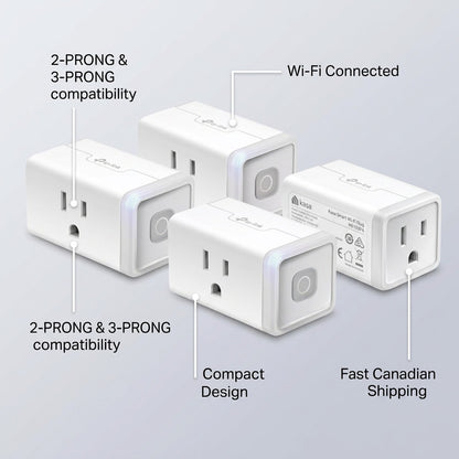 Infographic of TP-Link Kasa smart plugs highlighting Wi-Fi connectivity and compact design.