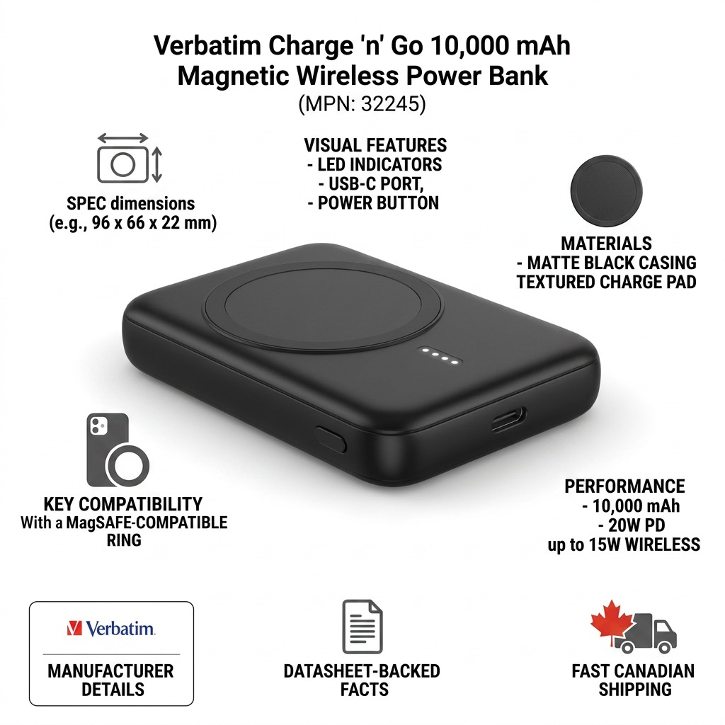 Product reliability infographic for Verbatim Power Bank, detailing specifications, features, and fast shipping with maple leaf icon.