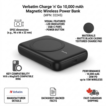 Product reliability infographic for Verbatim Power Bank, detailing specifications, features, and fast shipping with maple leaf icon.