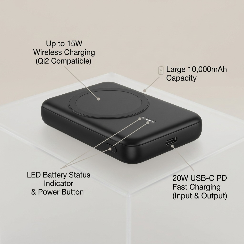 PDP visual matrix image showing key operational features of the Verbatim 10K mAh magnetic power bank.