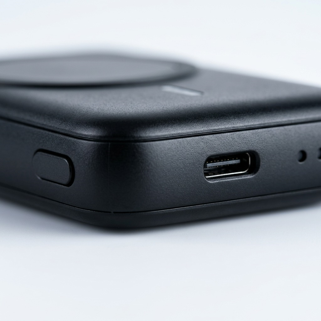 Macro photo focuses on black magnetic power bank rear port, showing detailed USB-C, power button, LEDs.