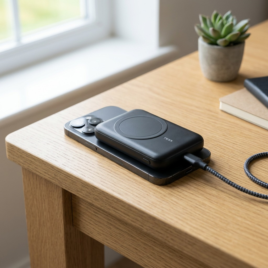 A lifestyle photo of the black Verbatim magnetic power bank wirelessly charging a smartphone on a modern desk.