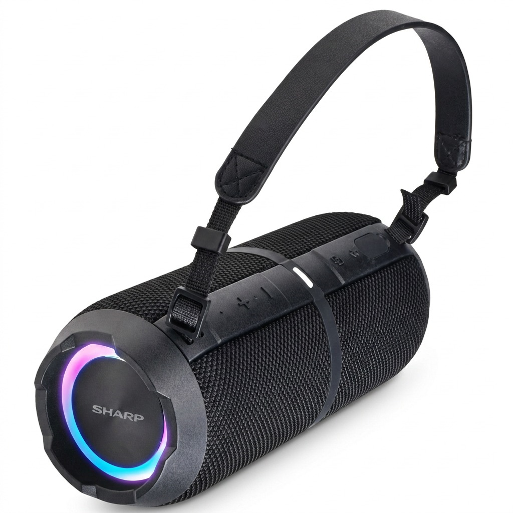 A high-resolution ecommerce hero shot of the SHARP GX-BT390-BK rugged black Bluetooth speaker on a pure white background.