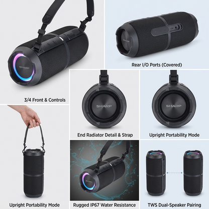 Product matrix image showing four consistent view angles of the Sharp GX-BT390 speaker.