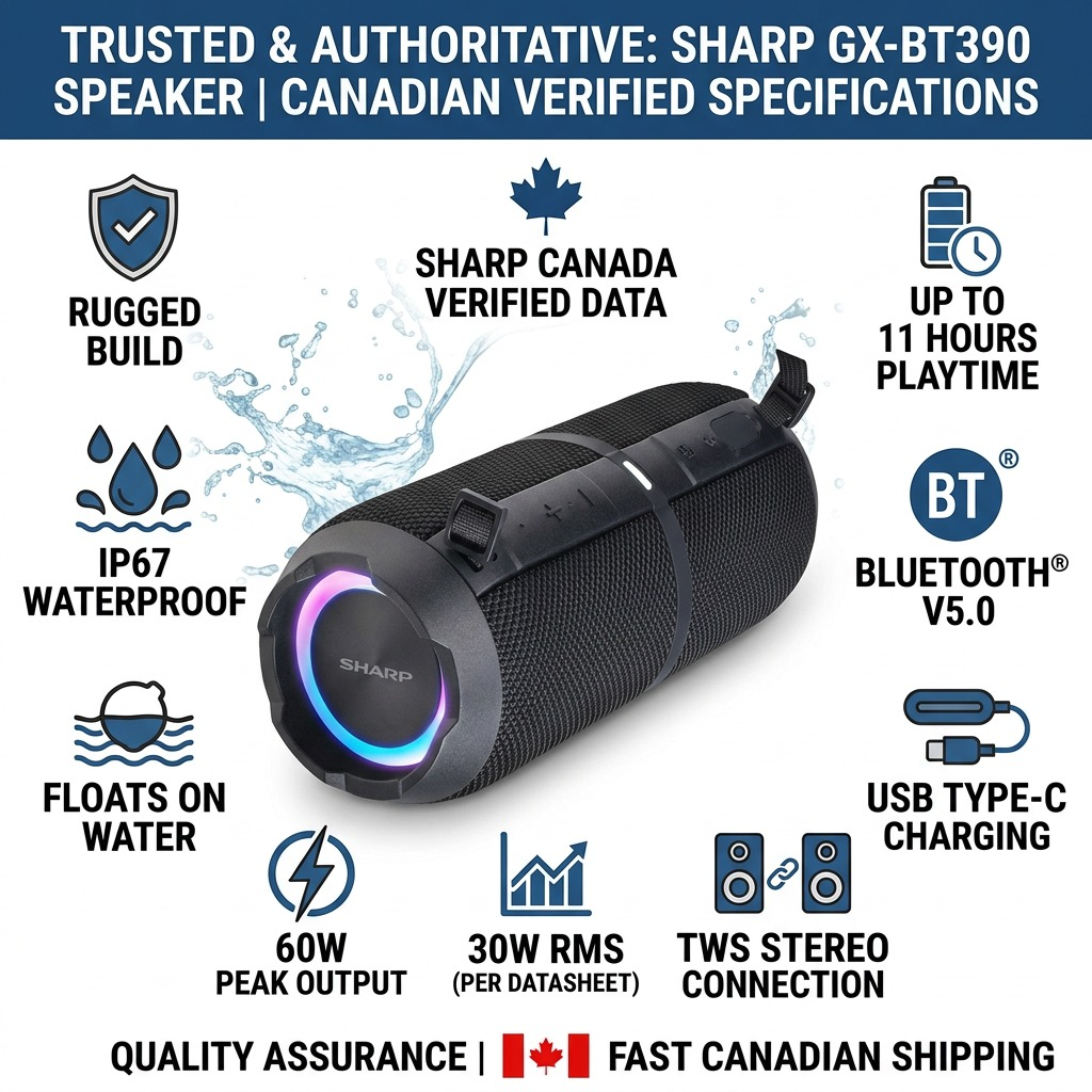A trust and authority infographic centered on the Sharp GX-BT390 speaker, highlighting verified specs and Canadian shipping.