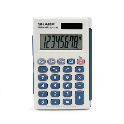 A high-resolution primary product shot of the white and blue Sharp EL243S calculator on a pure white background.
