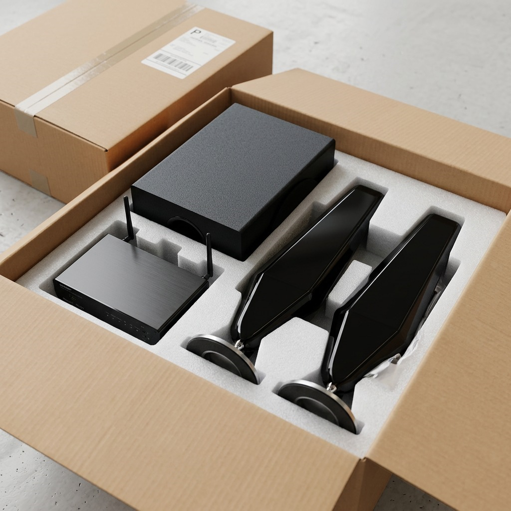 Unboxing scene for the Sharp 2.1ch home cinema, featuring components nestled in custom protective foam packaging.
