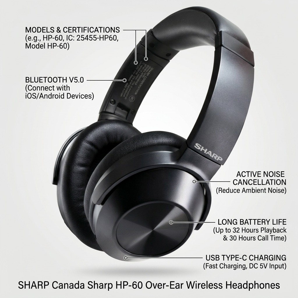 Ecommerce feature graphic for Sharp HP-60 headphones with clean callouts to ANC, battery life, and USB-C.