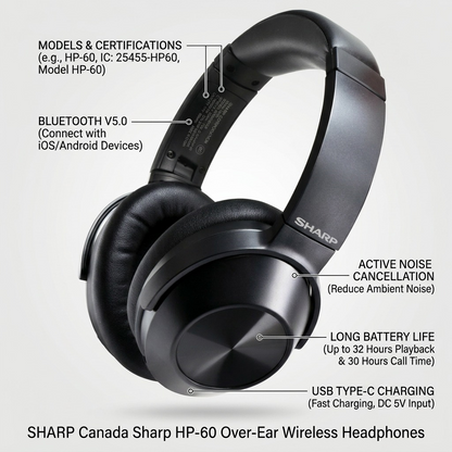 Ecommerce feature graphic for Sharp HP-60 headphones with clean callouts to ANC, battery life, and USB-C.