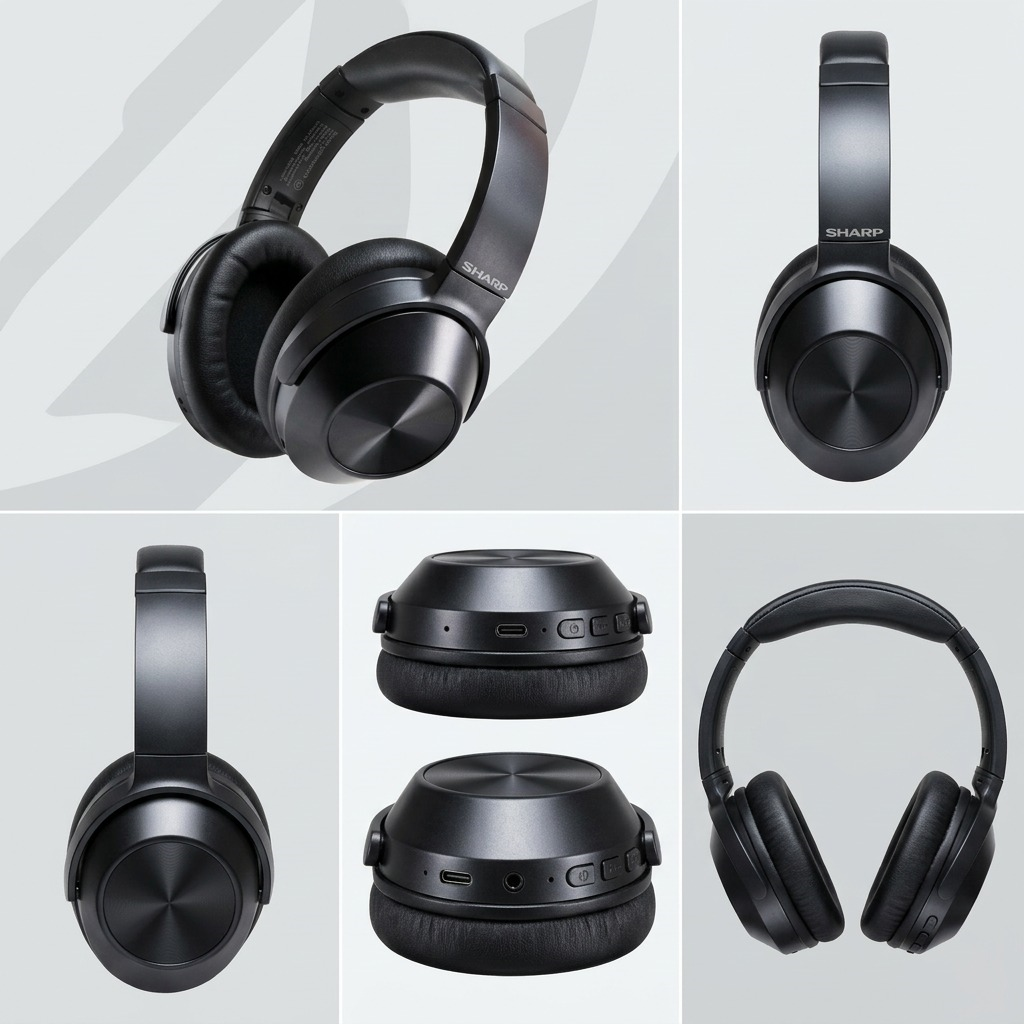 A visual gallery matrix displaying the Sharp HP-60 headphones in black, from six different angles on a clean, grid-based layout.