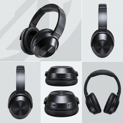 A visual gallery matrix displaying the Sharp HP-60 headphones in black, from six different angles on a clean, grid-based layout.