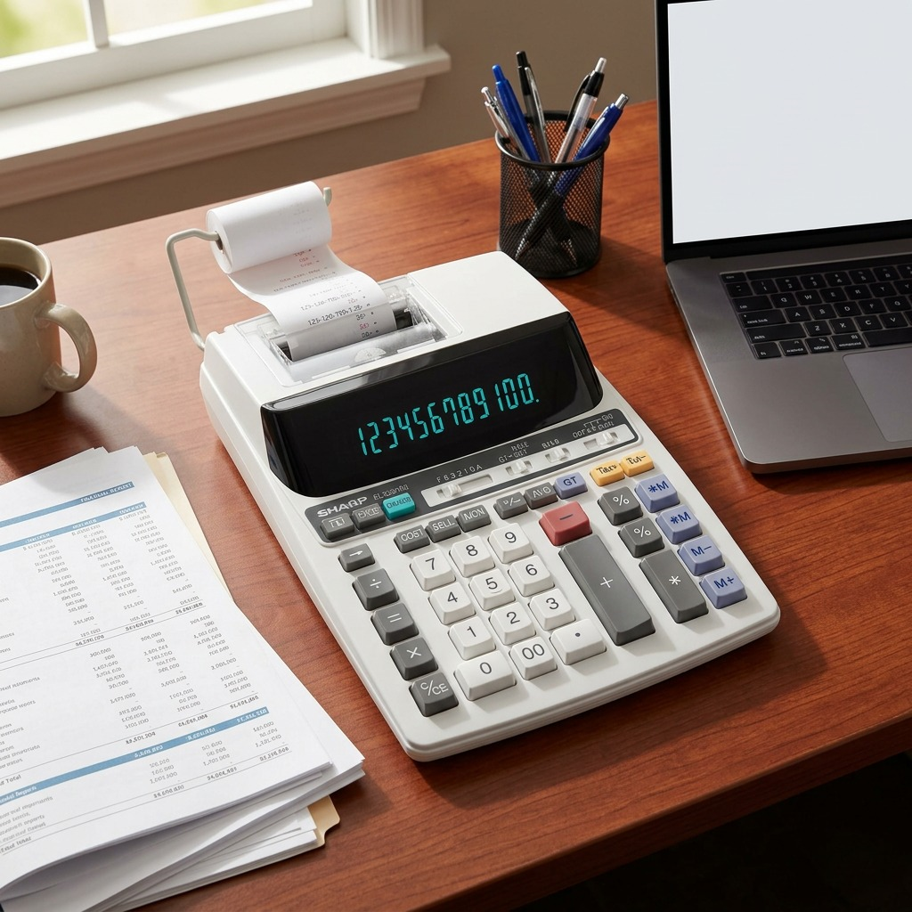 A detailed overhead perspective showing the SHARP EL2201RII calculator on a mahogany desk with financial reports.
