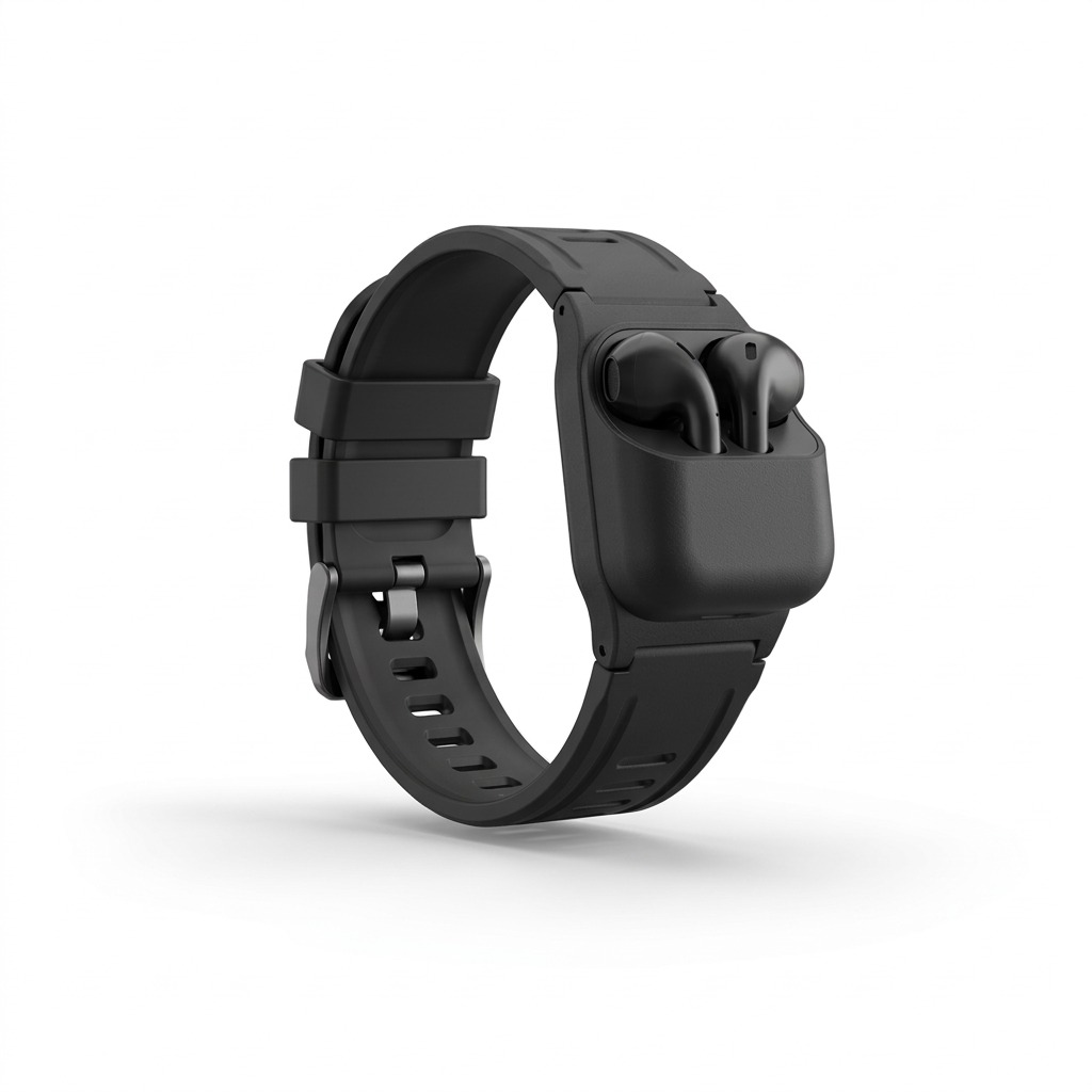 KeyBudz Sync+ Series Carbon Black FKM Apple Watch strap with integrated AirPod dock.