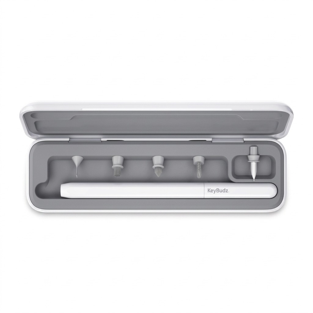 KeyBudz AirCare 2.0 Earbud Cleaning Kit featuring a white storage case with five precision tips.